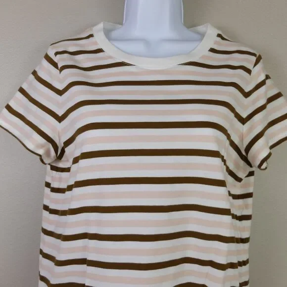 Madewell Women's Pink White Brown Striped Short Sleeve Cotton Tee Size Medium - Picture 2 of 6